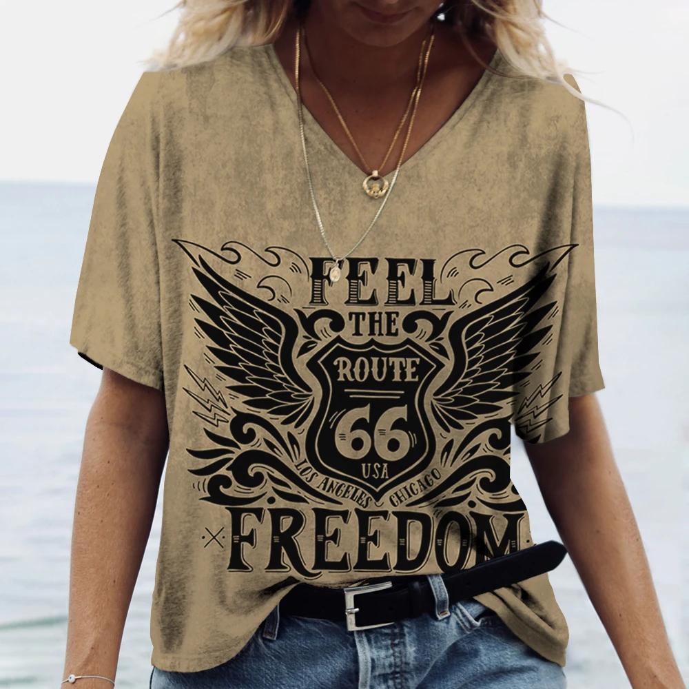 Популярные женские футболки с 3D-принтом US Route 66 и v-образным вырезом, повседневные женские пуловеры с короткими рукавами, модные топы, женская одежда