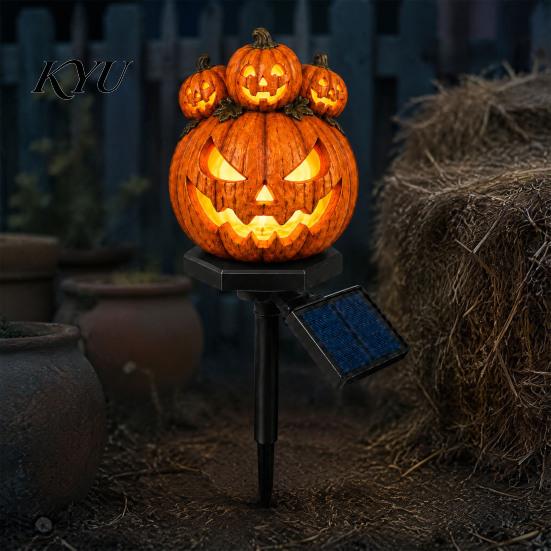 Warm Amber Light Solar Halloween Pumpkin Garden Stake Light, Waterproof Resin LED Decorative Lawn Lamps Lantern, Spooky Yard Lighting for Outdoor