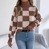 Women's Casual High-neck, Color-blocking Checkered Lantern Long-sleeved Sweater for Autumn and Winter