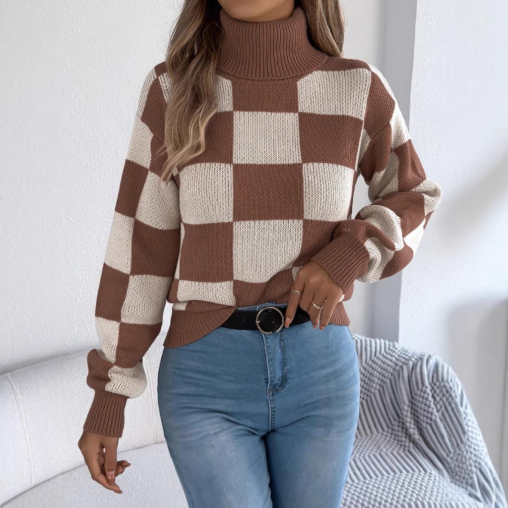 GMXIA Autumn and Winter Casual High-neck Contrasting Color Checkered Lantern Long-sleeved Sweater Women's Wear