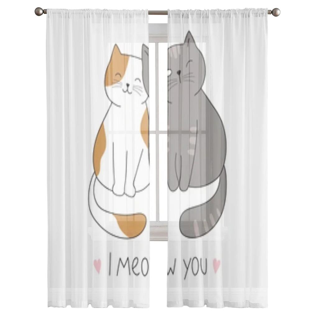 Пара милых кошек, прозрачные шторы для гостиной, детская спальня, тюлевые шторы, кухонные шторы для окон