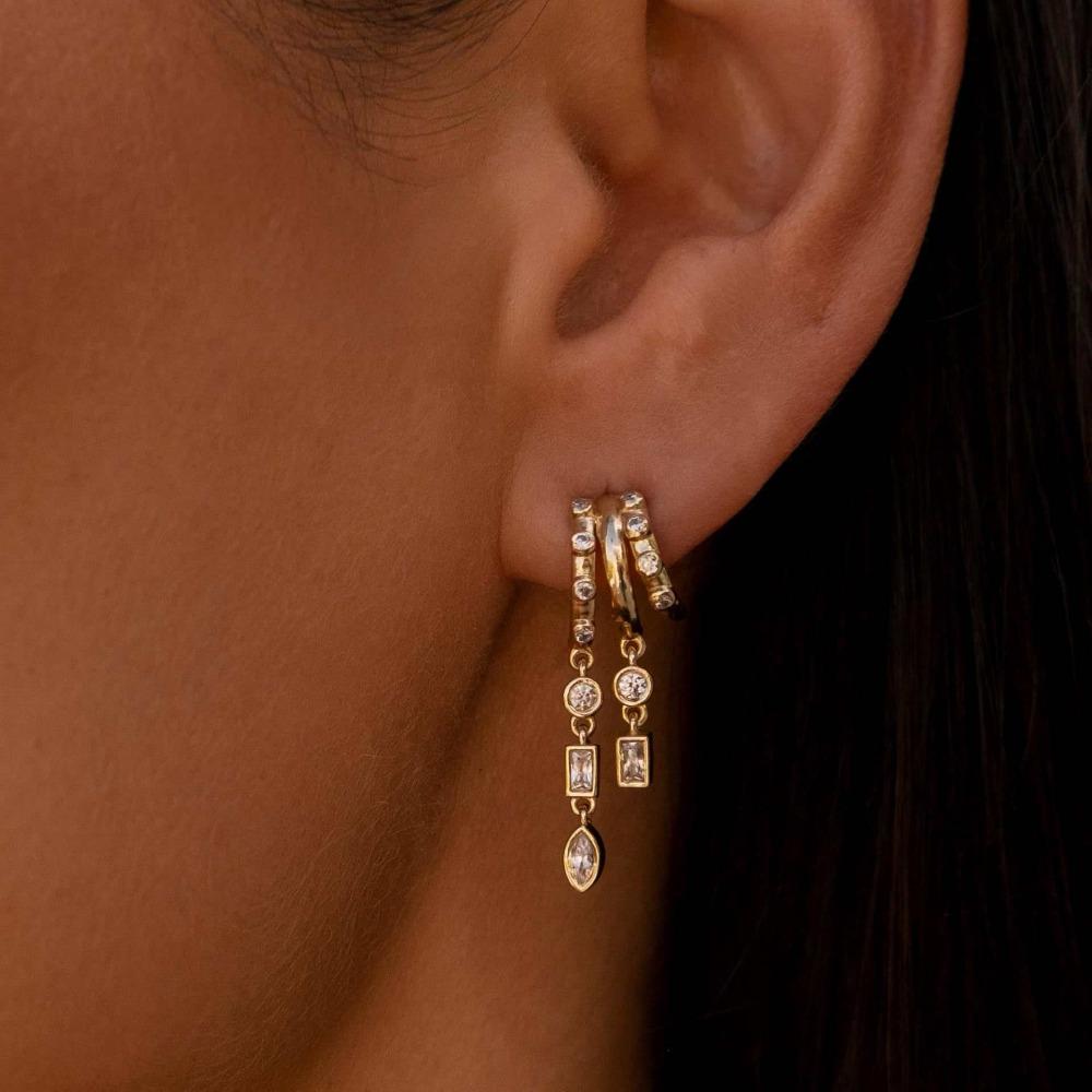 Sparkling CZ Triple Stud Earrings Hypoallergenic Stainless Steel Statement Chain Earring Micro-inlay Zircon Dainty Drop Earrings