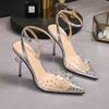 Модные остроносые прозрачные сандалии 2024 Новые летние кожаные сандалии-сетка, популярные в сети, на каблуке-шпильке, женские, с пучком