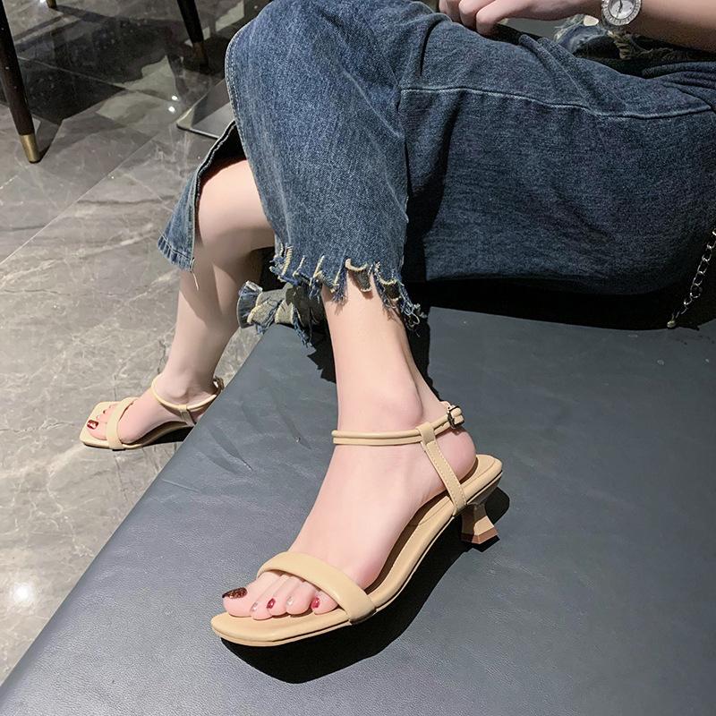 2024 Summer New Sandals PU Leather Women's Shoes Low Heels Black Sandals Female Comfort New Fashion Square Toe Sandalias Mujer