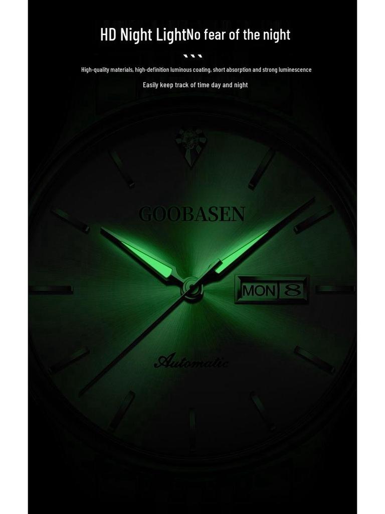 Мужские полностью автоматические светящиеся механические часы - Водонепроницаемые, Модные, Дизайн с полым корпусом и двойным календарем.