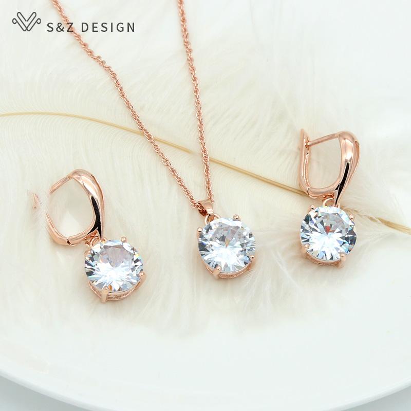 Fashion Classic Big Round Cubic Zirconia Drop Earrings Jewelry Sets For Women Wedding Rose Gold Color Pendant Necklace