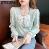 Весенне-осенняя женская рубашка с воротником-бантом, приталенная, с длинным рукавом, свободный пуловер