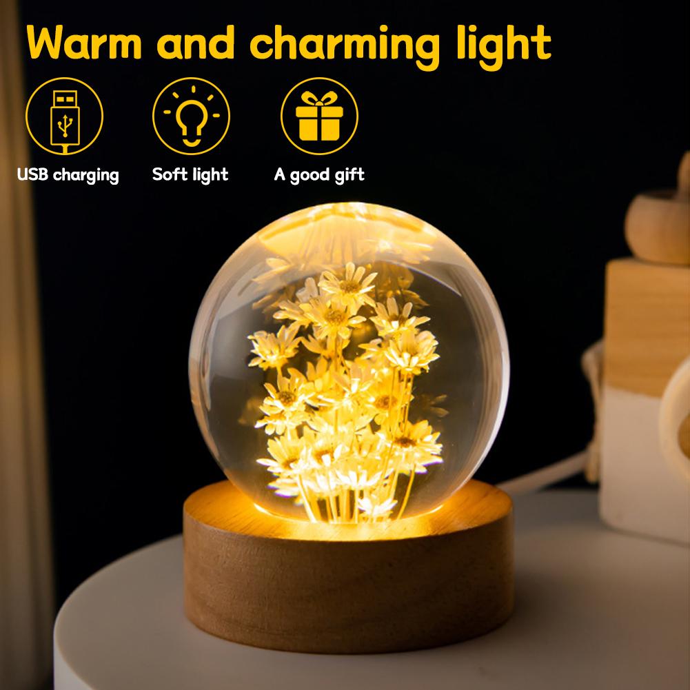 3D Crystal Ball Crystal Flower Night Light Dandelion Crystal Ball Night Lamp Birthday Gift Home Desktop Decoration with Base