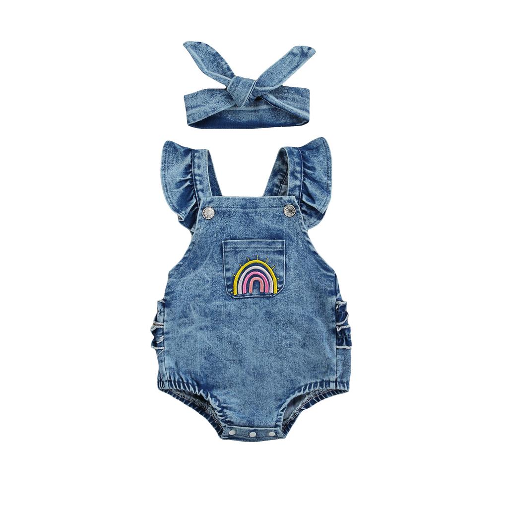 Breathable Baby Girls Outfit, Infant Summer Creative Rainbow Embroidery Fly Sleeve Lace Decoration Denim Romper + Headwear Set