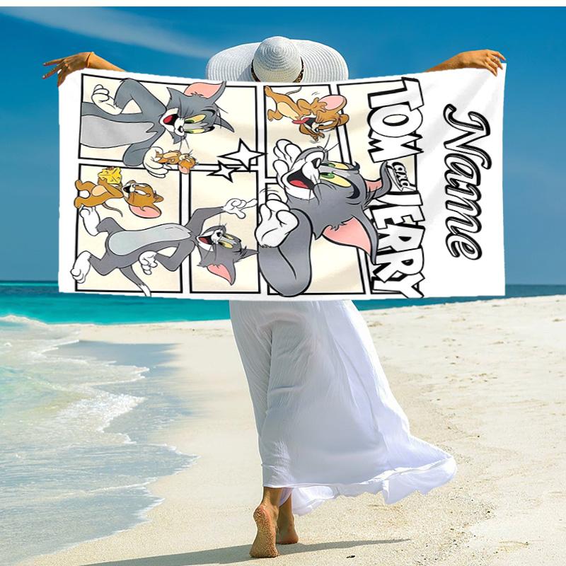Personalized customized proof beach towel with Tom and Jerry pattern - soft, absorbent,quick-drying,perfect swimming,camping&bathing