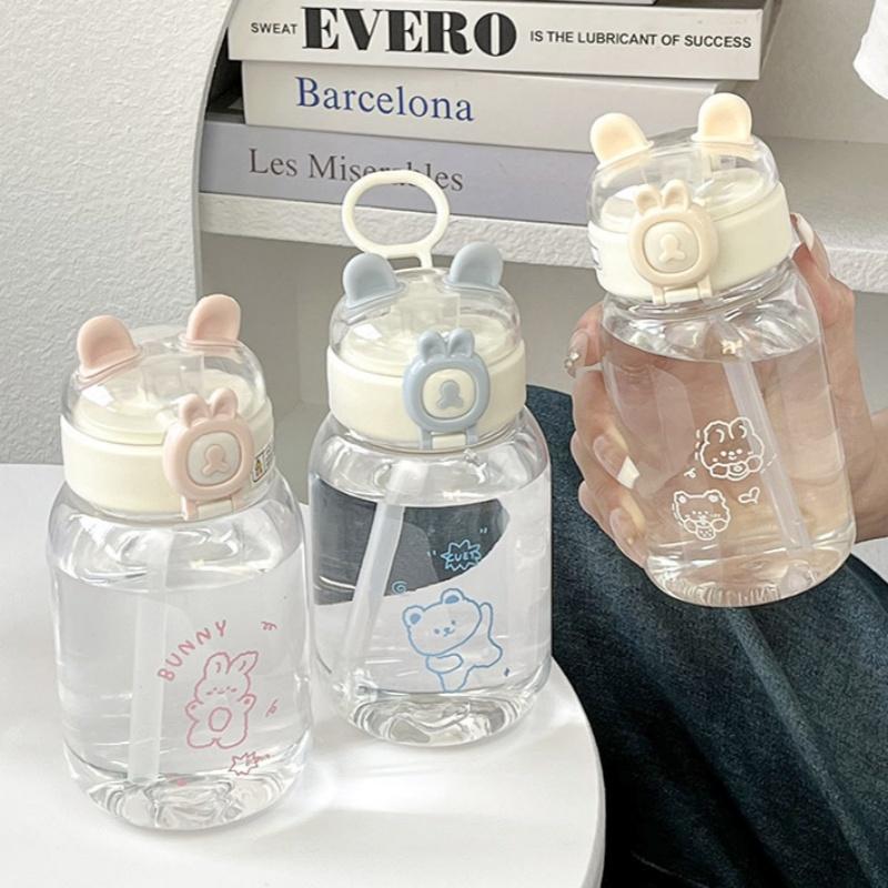 Бутылка для воды Kawaii Rabbit объемом 500 мл, портативная, симпатичная, в форме уха, с трубочкой и крышкой, летняя посуда для питья на открытом воздухе для кемпинга