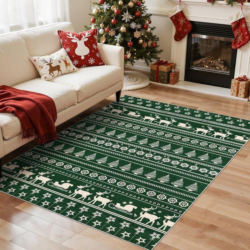 Christmas Crystal Velvet Area Rug Nordic Reindeer Sleigh Xmas Tree Print Non Slip Carpet For Living Room Bedroom Decor