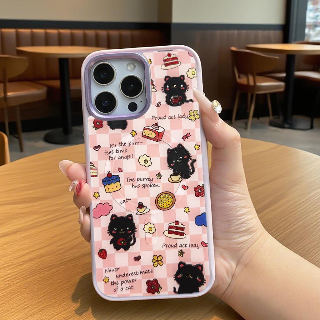 For iPhone 16 Pro Max Magnetic Case TPU PC Phone Cover with Detachable Happy Black Cat Backplate