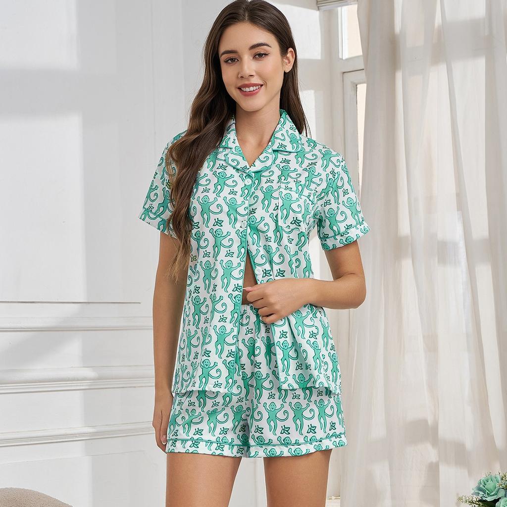 Summer Women Short Sleeve Top and Shorts 2 Piece Set Pajamas Female Fashion Sleepwear Cartoon Print Cardigan Pyamas Set Homewear