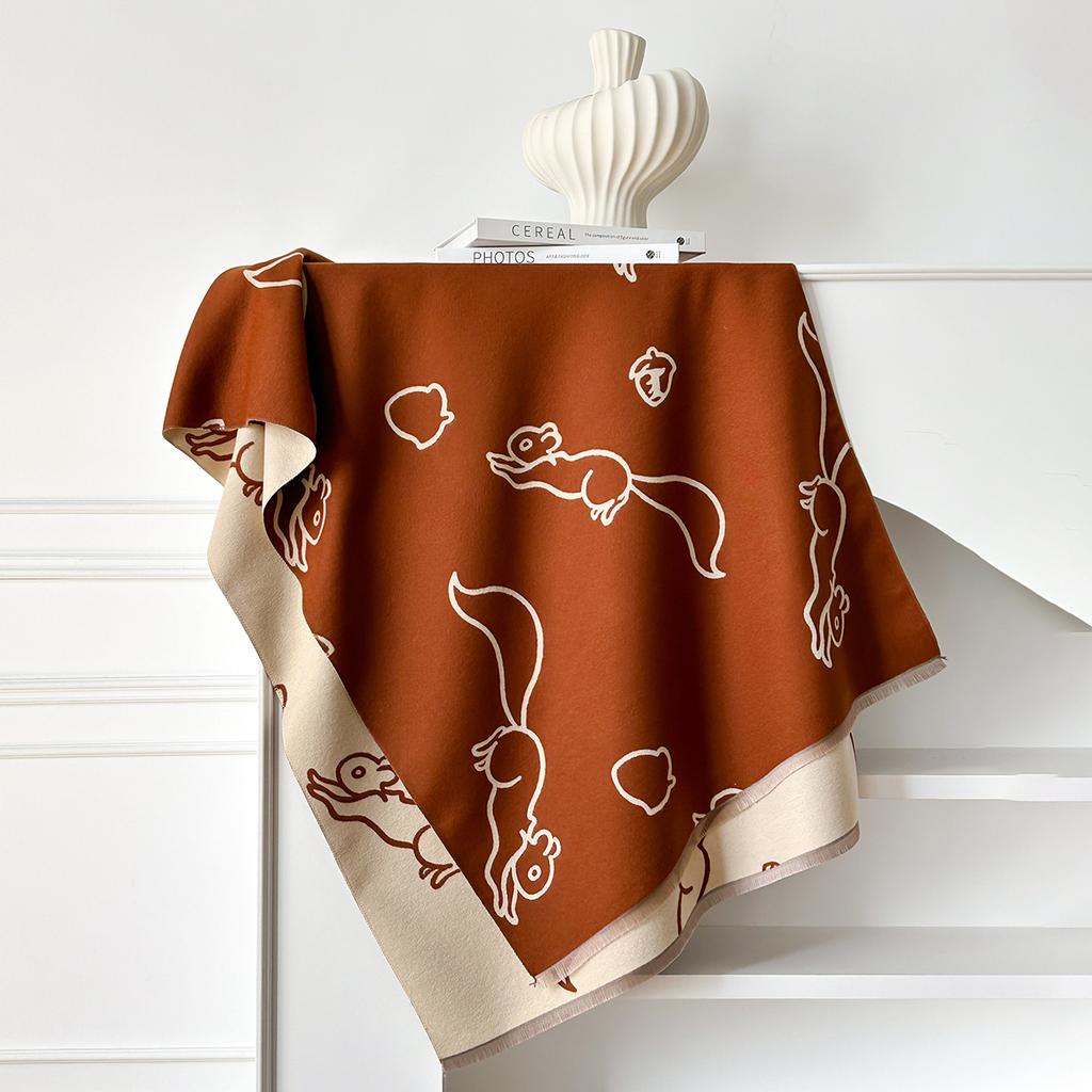 Мягкий и теплый шарф с бахромой из искусственного кашемира с принтом орехов и белок, высококачественный женский шарф-шаль