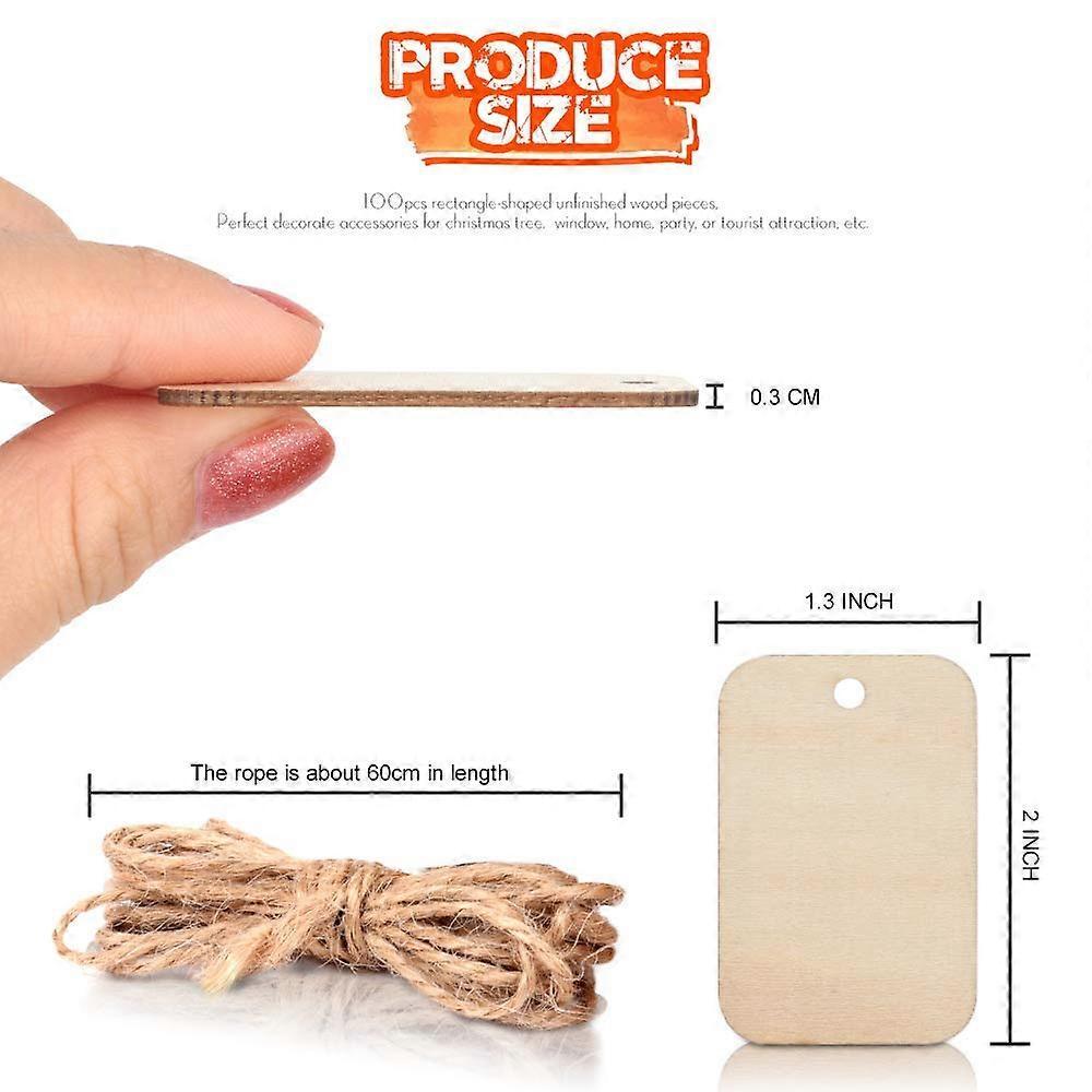 100 Pcs Unfinished Wood Pieces Rectangle-Shaped, Light Wooden Cutout Natural Rustic with Hole (2.04 x 1.37)