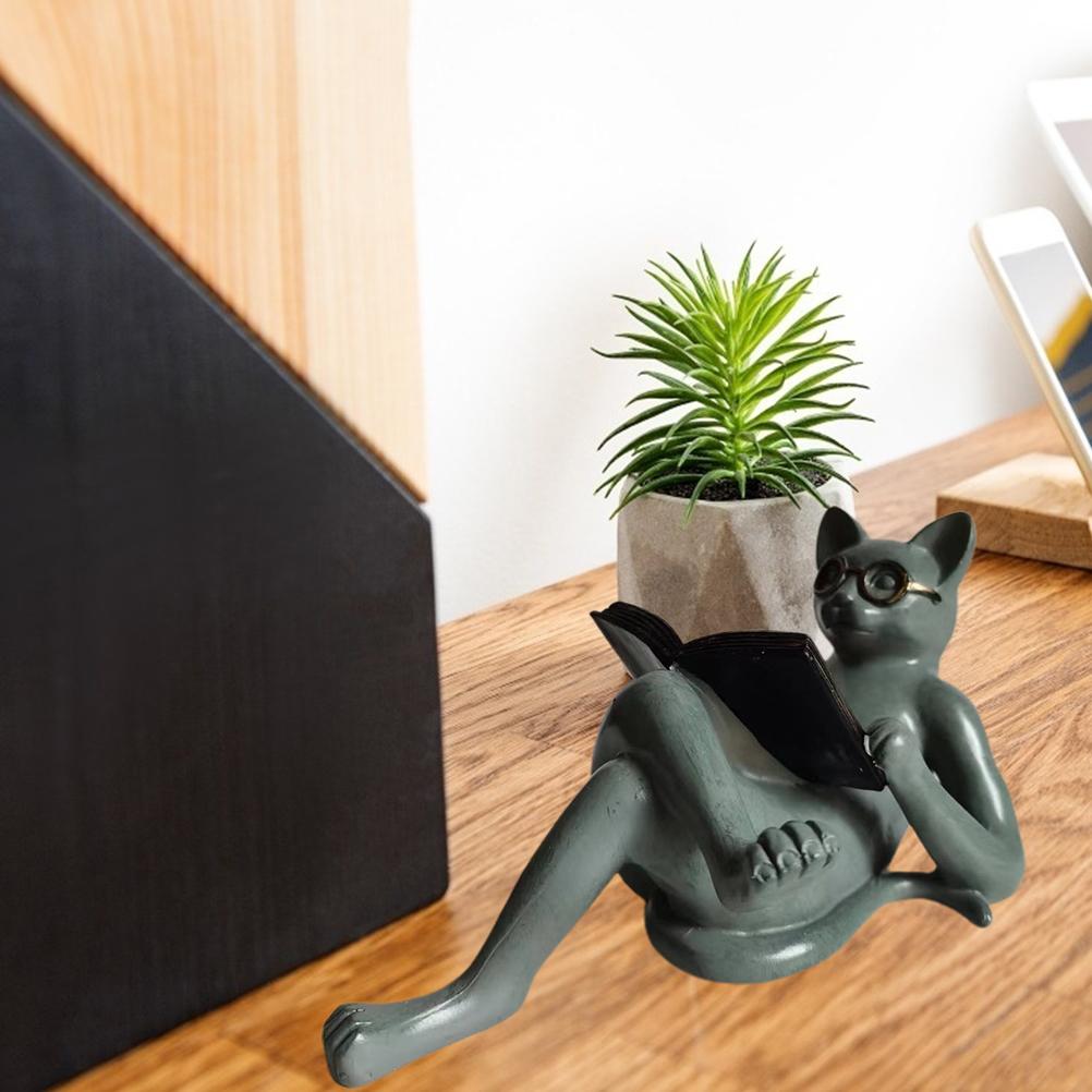 Literary Cat Resin Ornaments Garden Statue Decoration Reading Glasses Cat Crafts for Study and