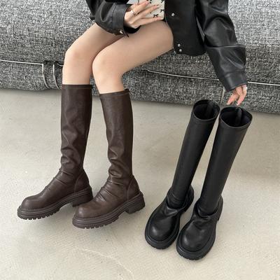 Виноградная мать осень и зима новые модели показывают ноги тонкие эластичные плиссированные круглый носок толстый каблук на меху тонкие полусапоги рыцарские сапоги женские