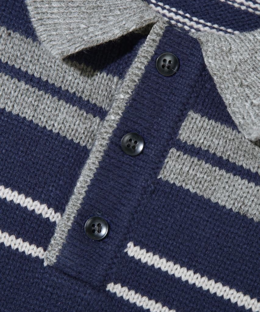 TRILLION Washable Striped Button Collar Neck Knit [Navy]