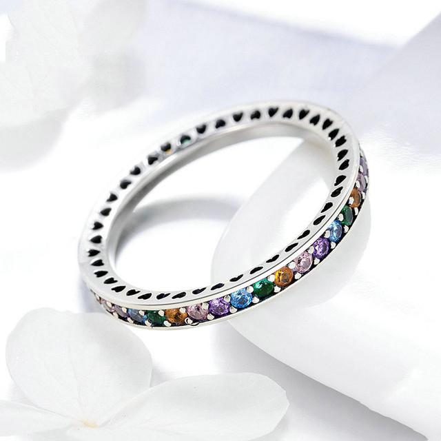 Copper Inlaid Zircon Full Inlaid Colorful Zircon Rainbow Ring Simple And Niche Design Sense Single Row Simple Ring Wholesale