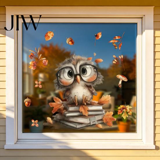 Seasonal Glass Stickers for Living Room Autumn Static Window Sticker with Cute Animals & Maple Leaves, Removable Harvest Fall Home Festival
