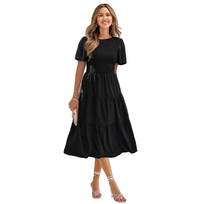 Summer Women's Dress Waist Slim Large Swing Dress Round Neck Range Holiday Dress