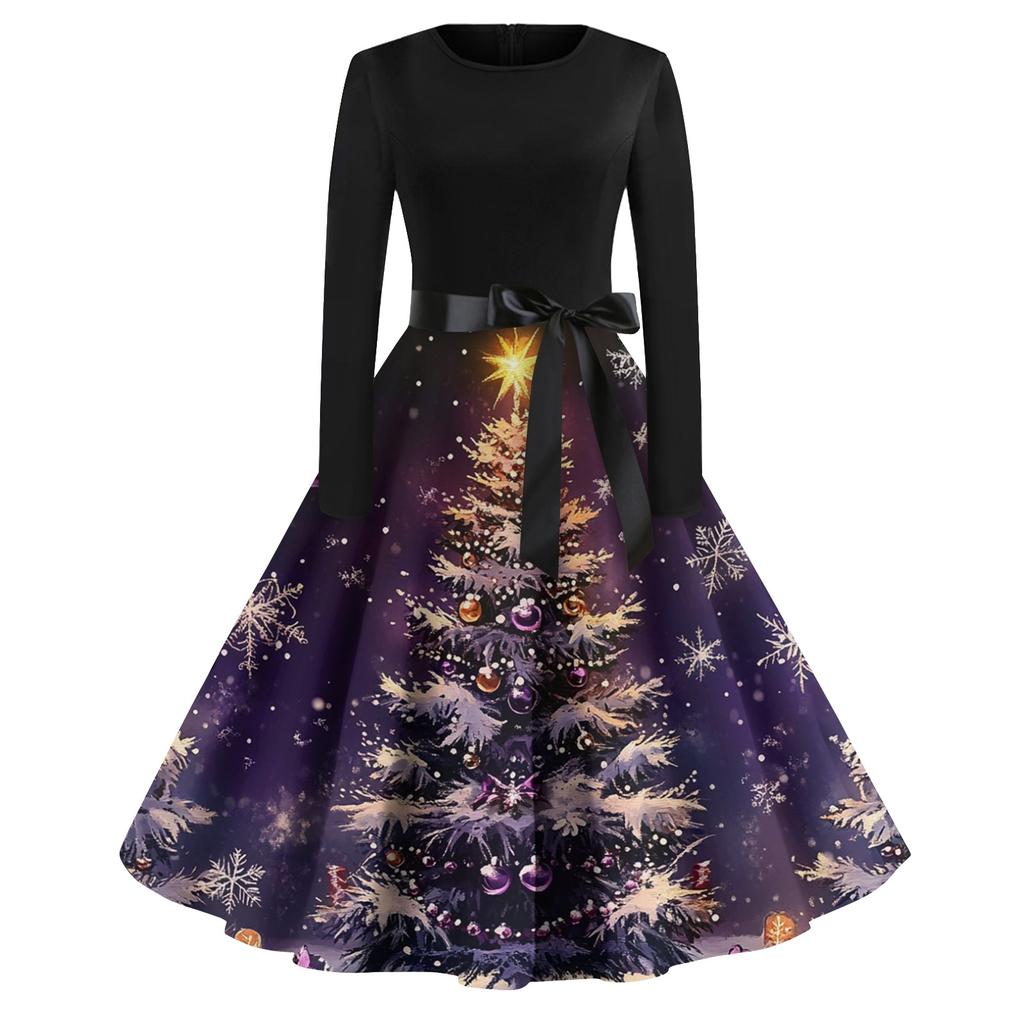 Женская мода винтаж с длинным рукавом и круглым вырезом с рождественским принтом вечерние платья платья
