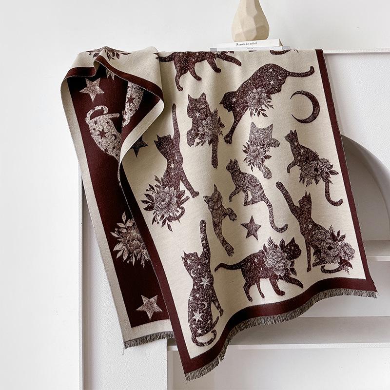 Autumn/Winter Double-Sided Imitation Cashmere Scarf with Cat Silhouette and Starry Sky Design