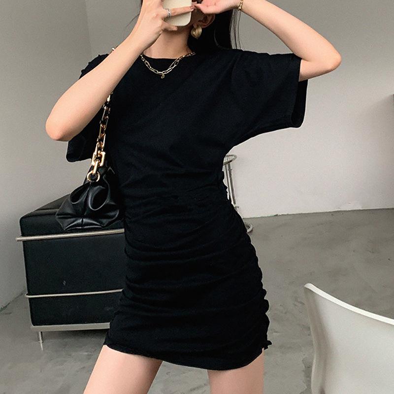 Women's Pleated Package Hip Short-sleeved Dress Summer Sexy Waist Thin Tight Temperament Girl Bodycon Dress