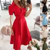 Женское платье с v-образным вырезом и коротким рукавом, однотонное платье трапециевидной формы с отложным воротником и поясом