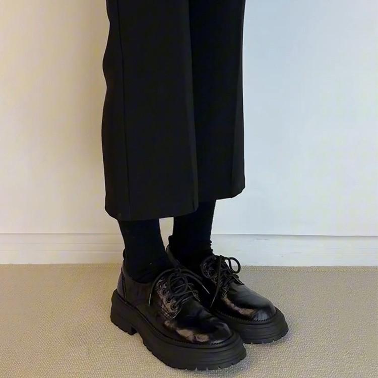 Sheepskin Version~ Thick-soled British Leather Lace-up Small Leather Shoes Women's Versatile Retro College Style Thick Heel Round Head Loafers