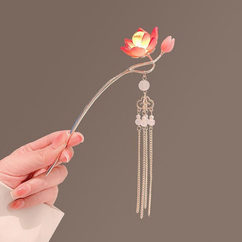 Zinc Zinc Alloy Lantern Hairpin Flower LED Light Hair Fork Exquisite Lotus Tassel Hair Stick Cheongsam