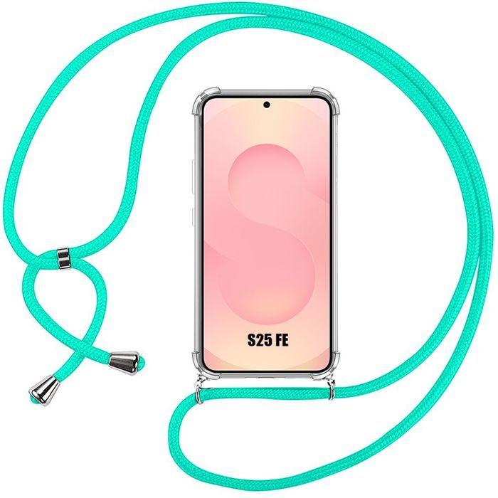Coque pour Samsung Galaxy S25 FE, Silicone Antichoc Transparente avec Bandoulière Turquoise