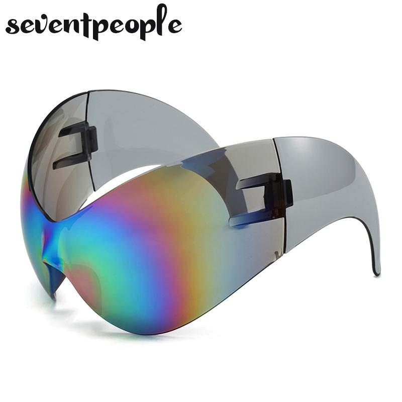 Oversized Punk Y2k Sports Sunglasses Women Men 2000's Steampunk One Piece Sun Glasses Luxury Brand Rimless Cat Eye Shades UV400