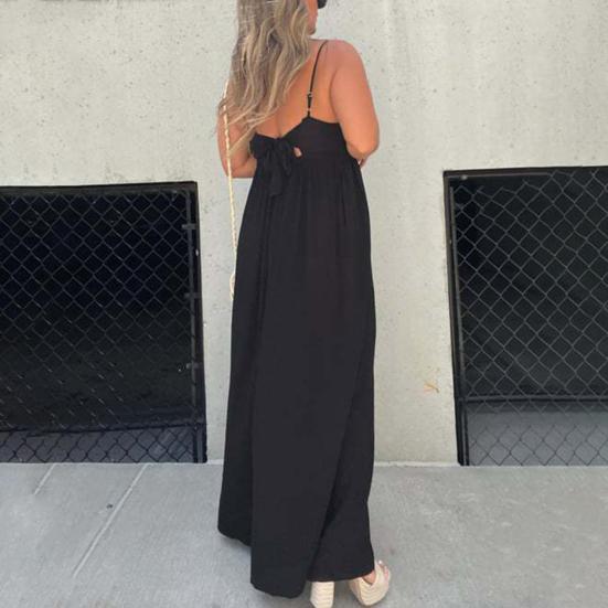 Women Jumpsuit Deep V Neck Backless Wide Pure Leg Loose Sleeveless Color Pleated Spaghetti Strap Casual Vacation Beach