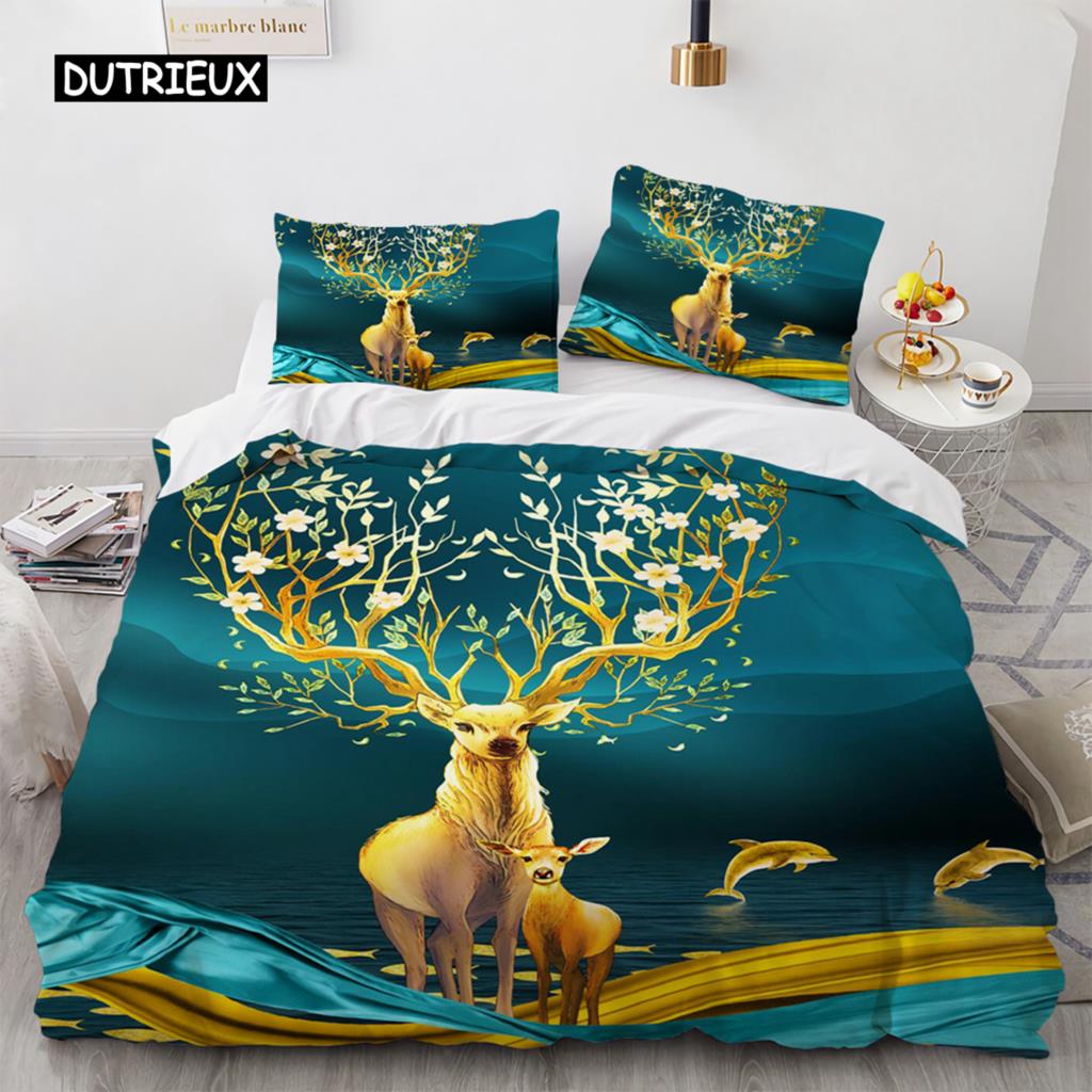 Пододеяльник с изображением оленя, размер King Queen, комплект постельного белья с рисунком золотого оленя для подростков и взрослых, пододеяльник с наволочкой