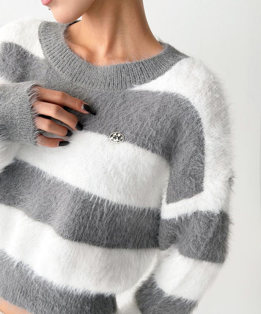THE GREEN LAB Hairy Block Stripe Crop Knit [Gray]
