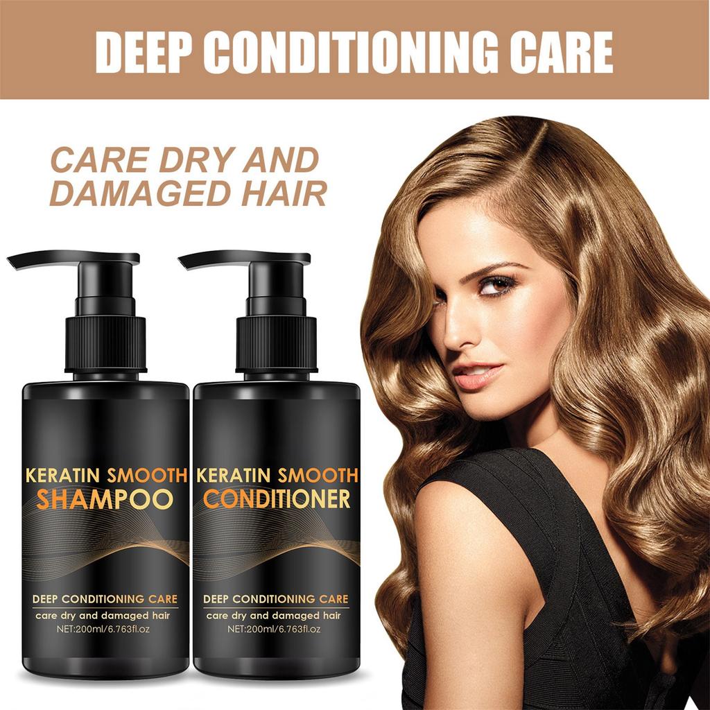 Keratin Shampoo & Conditioner Set (2x200ml) - 2-in-1 Hair Care For Dry, Damaged Hair - Nourishing And Hydrating, Lightweight Texture For Easy Care
