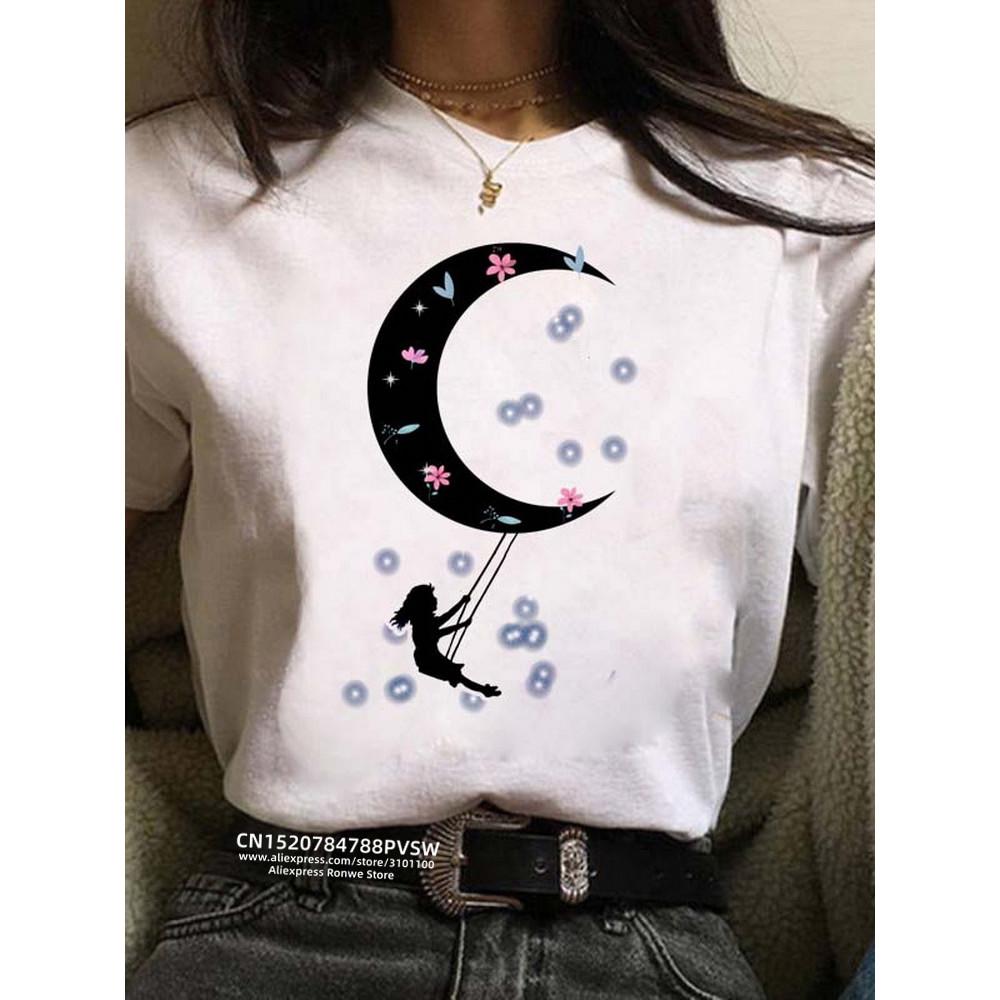 Women Moon Harajuku Funny 90s Girl T Shirt Cartoon Graphic Printed Black Ladies T-shirt Casual Woman Shirt Kawaii Tee Shirt