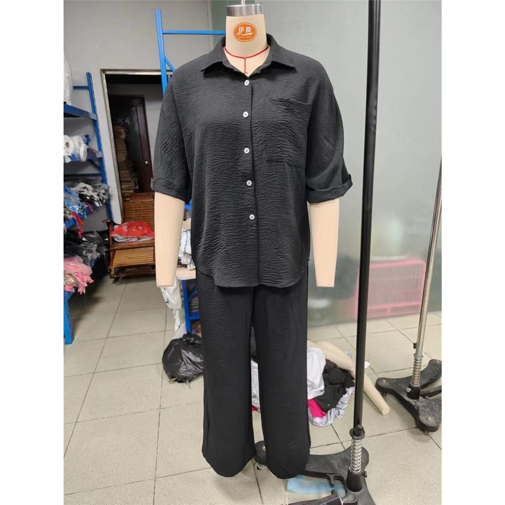 Women's Casual Sets Summer Cotton and Linen Short-sleeved Lapel Shirt Straight Trousers Two-piece Set