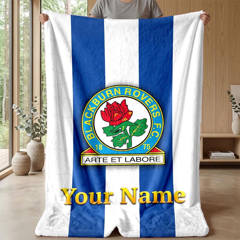 Blackburn Rovers Football Custom Name Text Flannel Blanket Soccer Logo Personalized Fleece Throw Blanket Special Gift For Sofa Bedroom Home