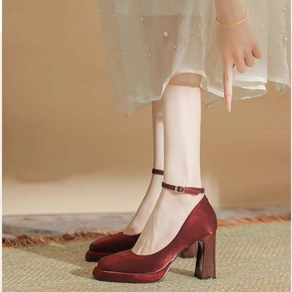 Waterproof table high heels women's thick heel satin Mary Jane wedding shoes Hexiu wedding dress two wear not tired feet button single shoes