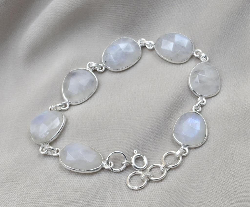 Rainbow Moonstone 925 Sterling Silver Bracelet Natural Handmade