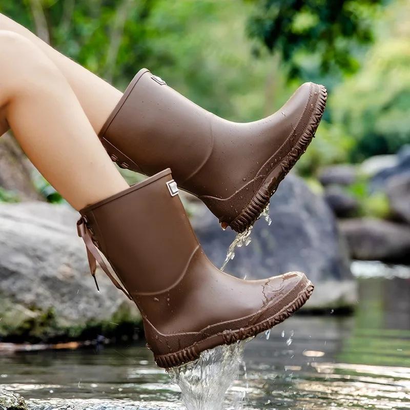 Fashion New Women Rain Boots Non-Slip Waterproof Shoe Outdoor Wear-Resistant Rubber Shoes Kitchen Waterproof Camping Fashion Long Boots