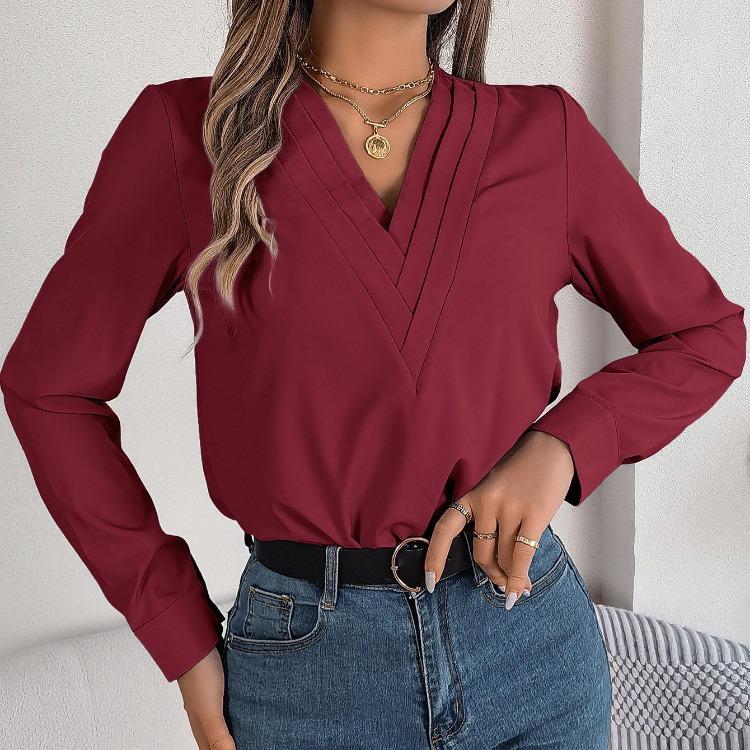 Женская блузка с длинным рукавом и V-образным вырезом, шифоновый топ, однотонная футболка, уличная одежда, женская футболка