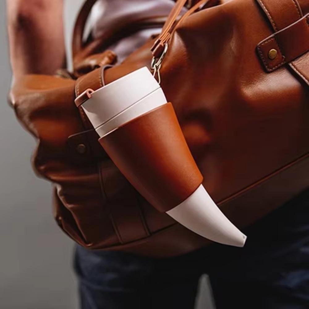 Faux Leather Strap Goat Horns Coffee Mug 230ml Water Bottle Portable Drinking Cup  Student