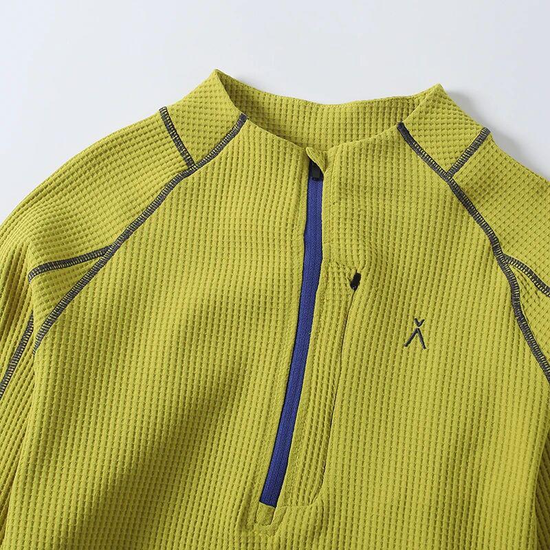 Mountain-Style Unisex Autumn Waffle Knit Half-Zip T-Shirt: Color-Block, Snap Button, Loose Fit, Breathable Long Sleeves