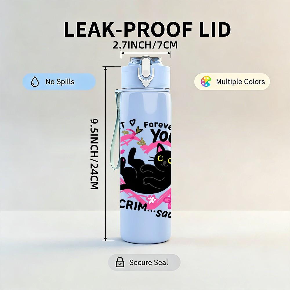 1PC Punk Black Cat Circle Text 750ml Color Plastic Sports Water Bottle Leakproof Flip Straw Lid Suitable for Sports Office Home Use