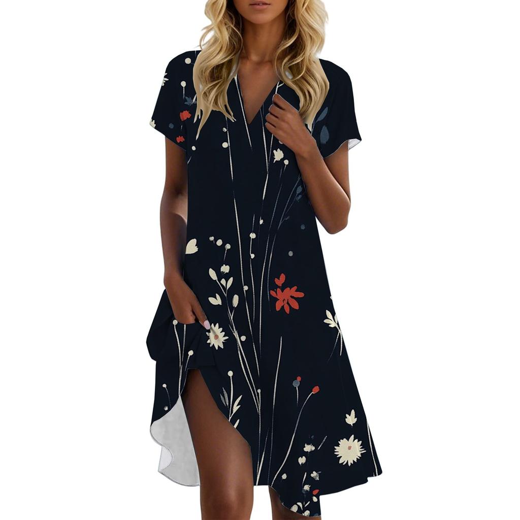 Women's Casual Fashion Stand Collar Floral Print Short Sleeve Dress