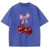 Womans Cotton Washed T-Shirts Fashion Distressed Loose Tee Shirts Carefully Packaged Cherries Prints Tops Casual Female Clothes